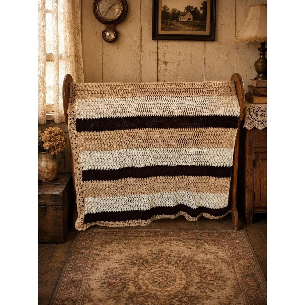 Vintage Handmade Crochet Afghan Throw Blanket 63x53 Tan Cream Brown Striped Farm